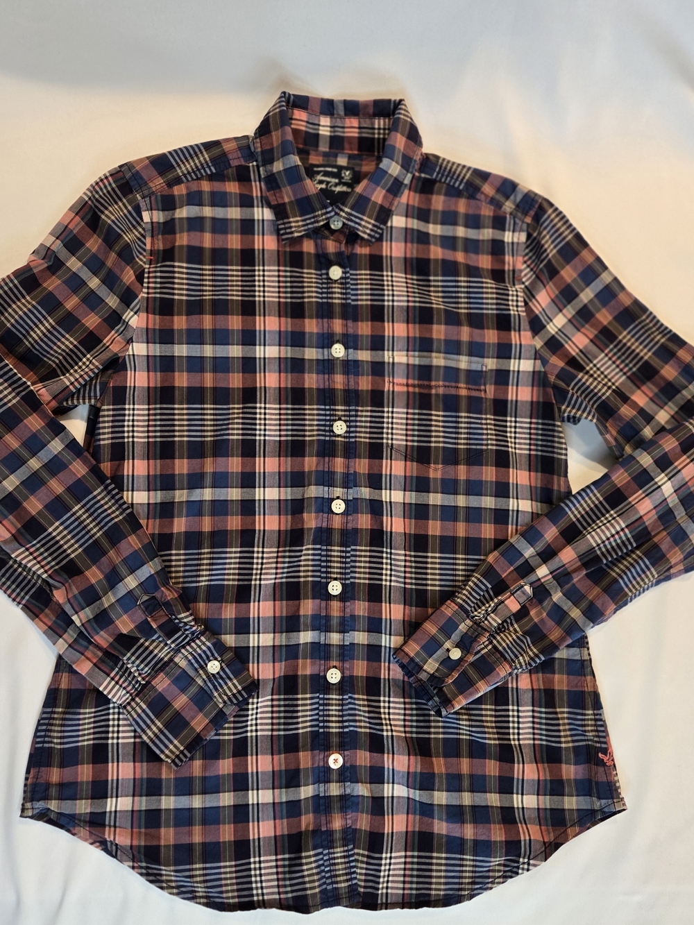 American Eagle Outfitters Navy and Pink Plaid Button-Down Shirt